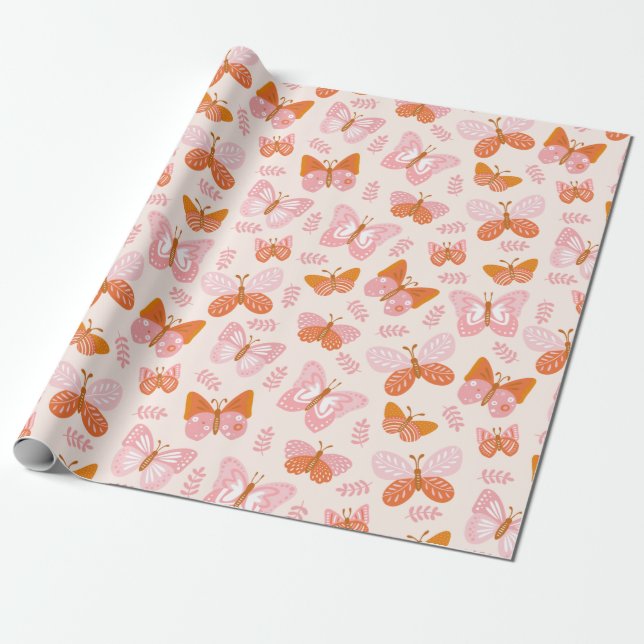 Papier Cadeau Motif à papillon rose orange mignon (Déroulé)