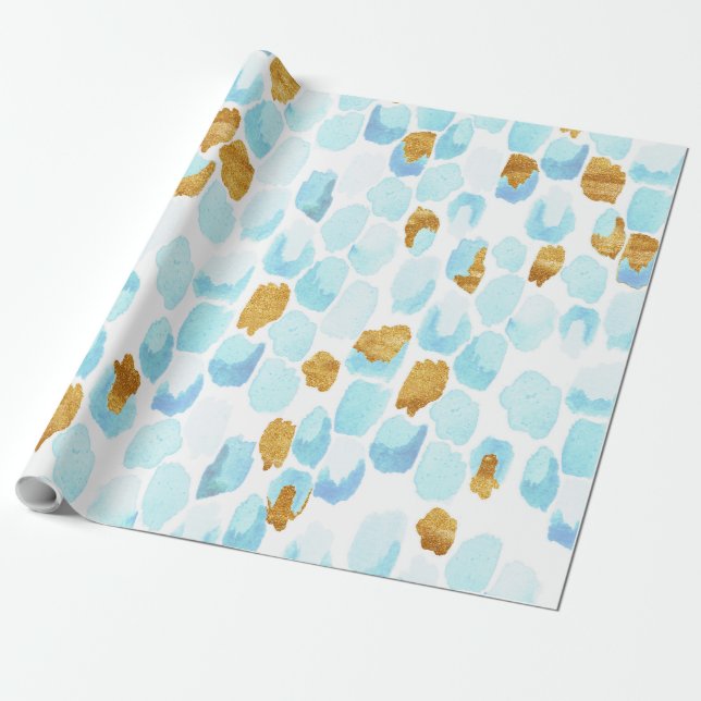 Papier Cadeau Motif à points aquarelle et peinture bleu et or (Déroulé)