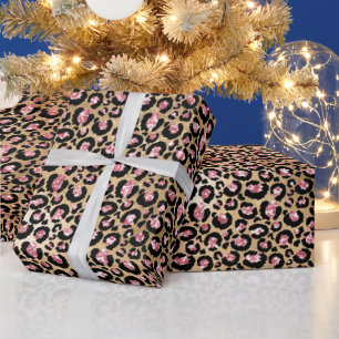 Papier Cadeau Motif à taches de léopard pailleté rose et or