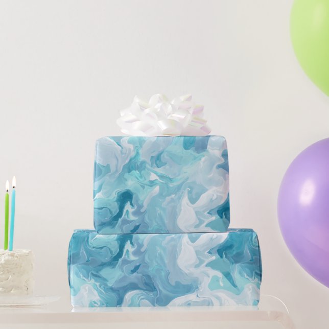 Papier Cadeau Motif abstrait bleu aqua dérive blanche de l'océan (Cadeaux de fête)