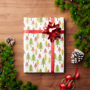 Papier Cadeau Motif abstrait d'arbre de pin rouge vert jaune amu