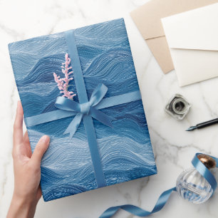 Papier Cadeau Motif Abstrait de Vague Océanique Bleu Profond et