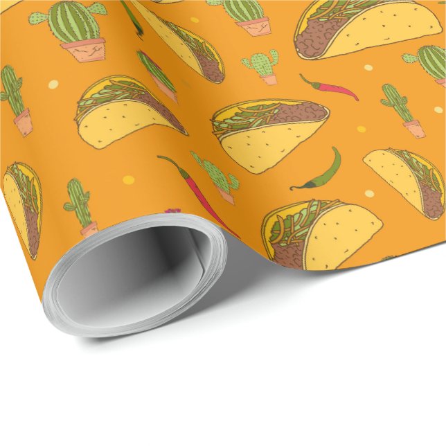 Papier Cadeau Motif alimentaire mexicain Tacos et Chillies dessi (Coin rond)