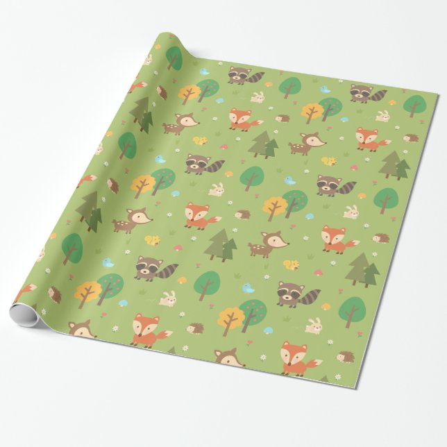 Papier Cadeau Motif animal de région boisée mignonne de forêt (Déroulé)