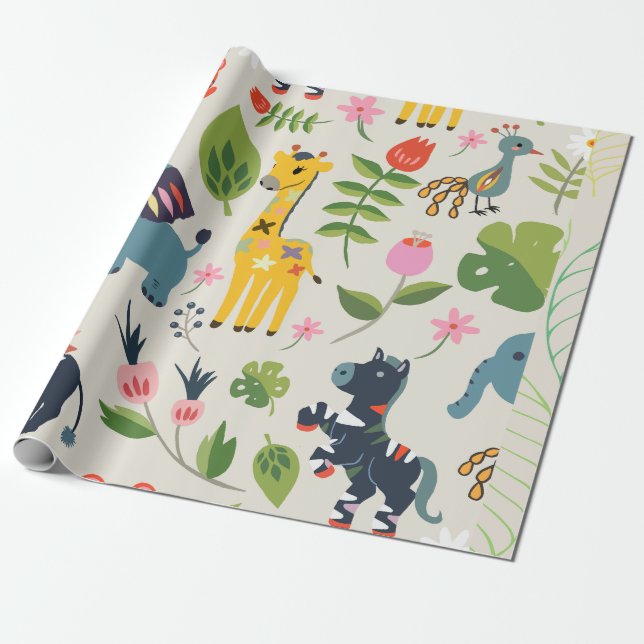 Papier Cadeau Motif animal Jungle Pastel Leaf (Déroulé)