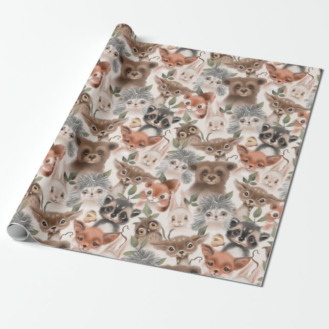 Papier Cadeau Motif animal sauvage Fox Deer Hedgehog (Déroulé)