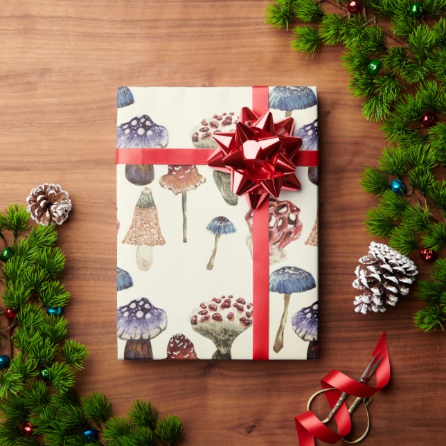 Papier Cadeau Motif aquarelle avec des champignons colorés (Cadeau de vacances)