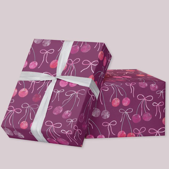 Papier Cadeau Motif aquarelle Cerises Rubans et Nœuds (Cherries, ribbons and bows gift wrapping paper roll)