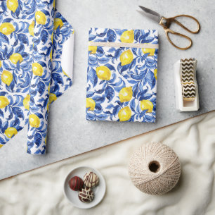 Papier Cadeau Motif Aquarelle Citron Bleu