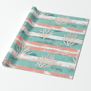 Papier Cadeau Motif aquarelle côtier Rayures de corail (4)
