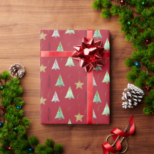 Papier Cadeau Motif aquarelle d'arbre de Noël pin rouge
