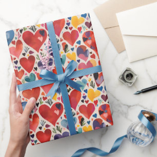 Papier Cadeau Motif aquarelle de coeurs d'amour de couleur artis