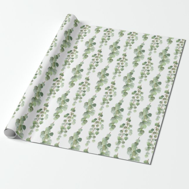 Papier Cadeau Motif aquarelle de feuilles et branches d'eucalypt (Déroulé)