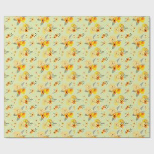 Papier Cadeau Motif aquarelle floral au citron et à la rose jaun