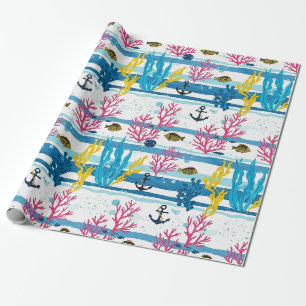 Papier Cadeau Motif aquarelle nautique rétro (2)