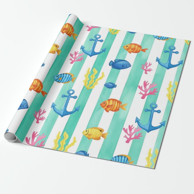Papier Cadeau Motif aquarelle nautique rétro (9) (Déroulé)