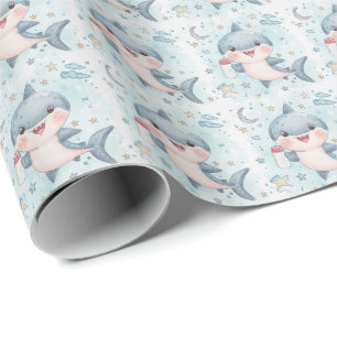 Papier Cadeau Motif aquarelle pastel de bébé requin mignon 
