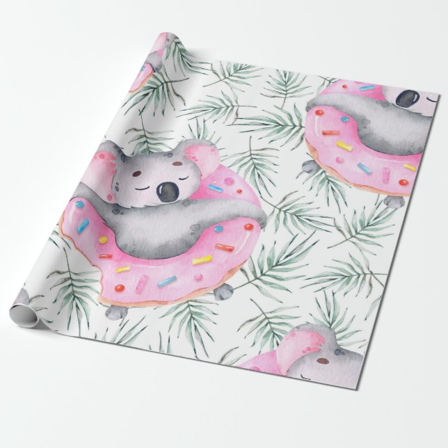 Papier Cadeau Motif aquarelle peint à la main avec koala tropica (Déroulé)