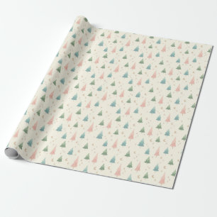 Papier Cadeau Motif Arbres de Pin Pastel et Étoiles Mignon