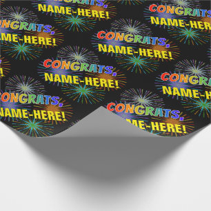 Papier Cadeau Motif arc-en-ciel "CONGRATS", Fireworks, Nom perso