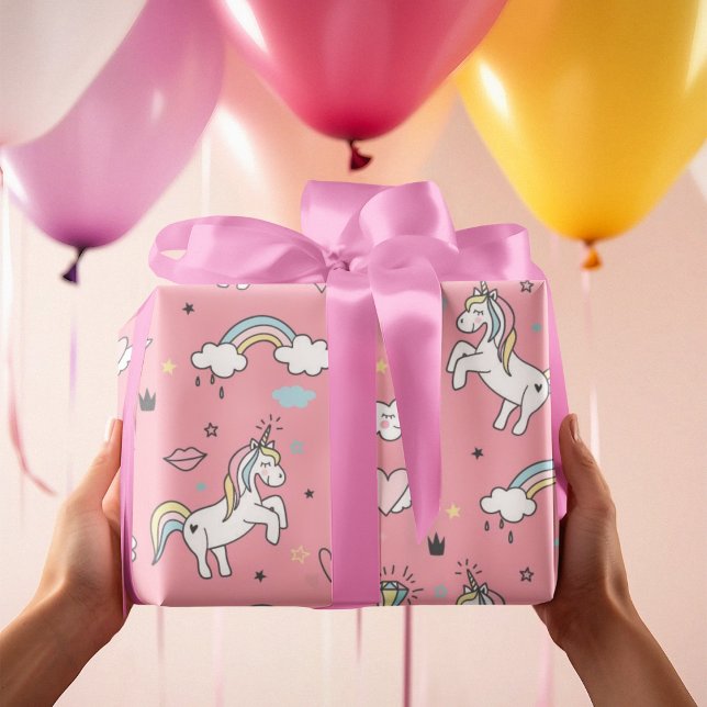 Papier Cadeau Motif arc-en-ciel de licorne rose (Pink Unicorn Rainbow Pattern Wrapping Paper)