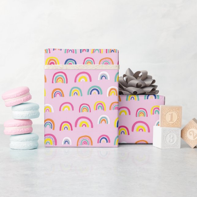 Papier Cadeau Motif arc-en-ciel rose fille mignonne (Baby Shower)