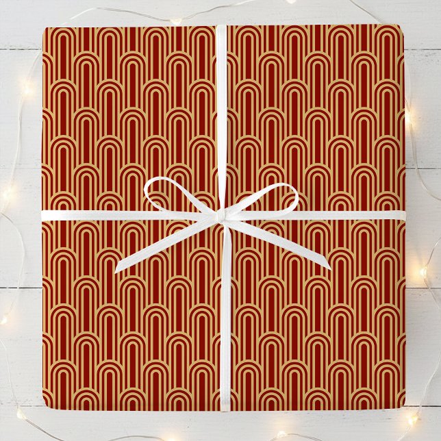 Papier Cadeau Motif Art Déco Élégant Arches Rouge Or Chic (Créateur téléchargé)