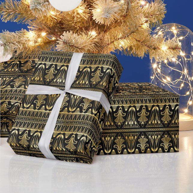 Papier Cadeau Motif Art déco floral or et noir (Vacances)