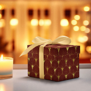 Papier Cadeau Motif Art Déco Or brillant sur Rouge Brown