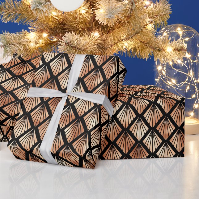 Papier Cadeau Motif Art déco or rose et diamants noirs (Vacances)