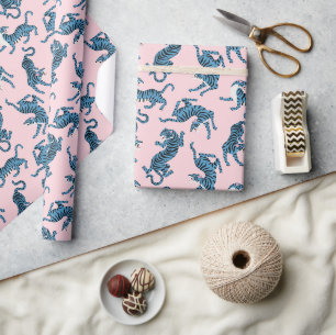 Papier Cadeau Motif asiatique de tigre bleu