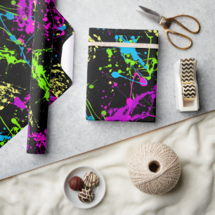 Papier Cadeau Motif au néon coloré noir d'éclaboussure de