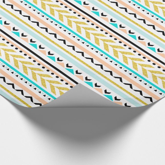 Papier Cadeau Motif Aztèque Turquoise Or Moderne (Coin)