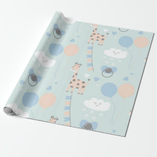 Papier Cadeau Motif Baby shower Blue Cute Giraffe