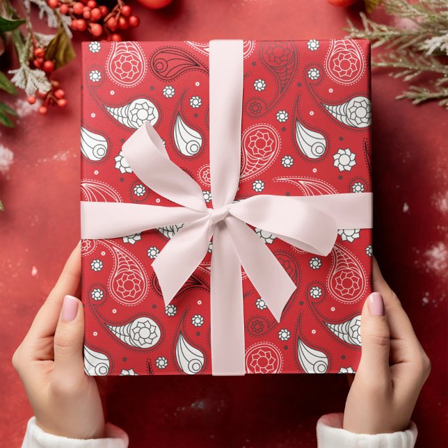 Papier Cadeau Motif bandana Paisley rouge et blanc Personnaliser (Créateur téléchargé)