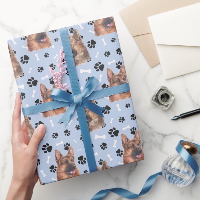 Papier Cadeau Motif berger allemand sur Silver Blue (Cadeaux)