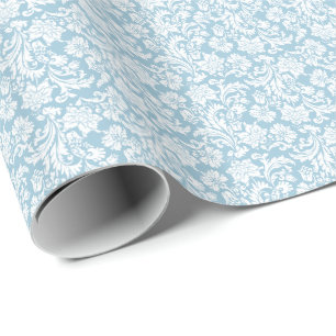 Papier Cadeau Motif blanc et bébé bleu floral Damas