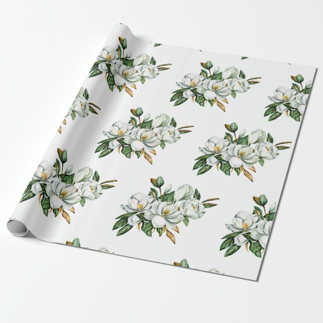 Papier Cadeau Motif bleu de magnolia à l'aquarelle douce (Déroulé)