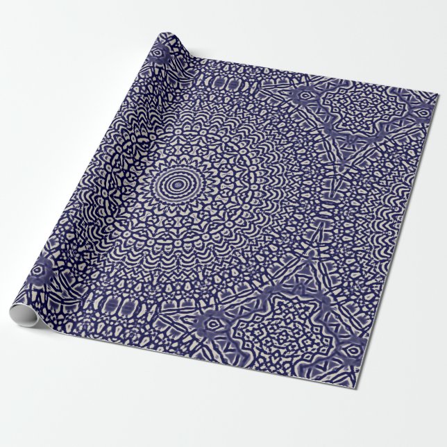 Papier Cadeau Motif bleu-foncé d'aquarelle de tache de mandala (Déroulé)