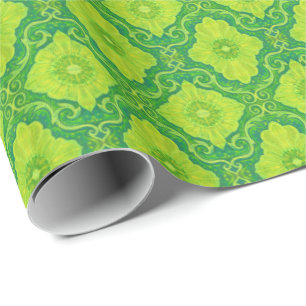 Papier Cadeau motif bohème "floral palatial" jaune & vert