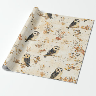 Papier Cadeau Motif botanique de forêt de hibou beige d'automne