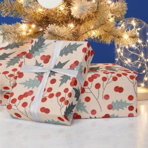 Papier Cadeau Motif botanique de Noël Holly Berry moderne