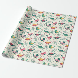 Papier Cadeau Motif botanique des oiseaux roses et verts