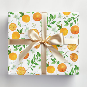 Papier Cadeau Motif botanique floral d'été citrus orange