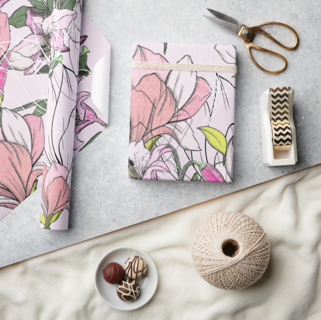 Papier Cadeau Motif Botanique Moderne Rose Et Vert (Artisanat)