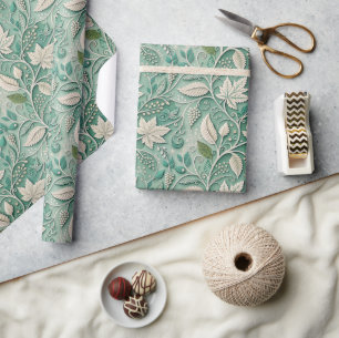 Papier Cadeau Motif botanique vintage vert pastel beige