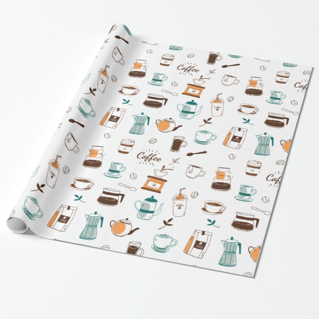 Papier Cadeau Motif café et café tiré à la main (Déroulé)
