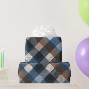 Papier Cadeau Motif carreau bleu marron délavé en jean rustique
