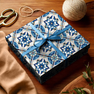 Papier Cadeau Motif carrelage marocain décoré n° 4 bleu blanc ID