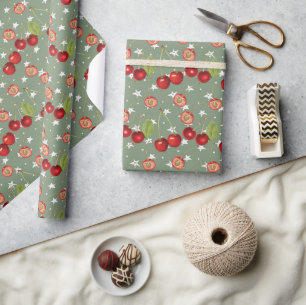 Papier Cadeau Motif cerise vintage avec Arrière - plan vert Sage